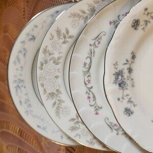4- Mismatched Floral Silver Rim Fine China Dessert Cake Plates ~6.25" Porcelain